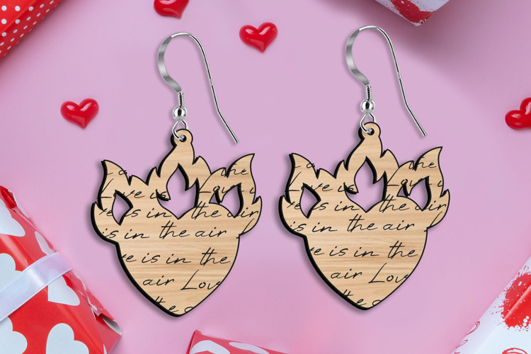 Heart on Fire Engraved Text Earring SVG Laser Valentine Gift