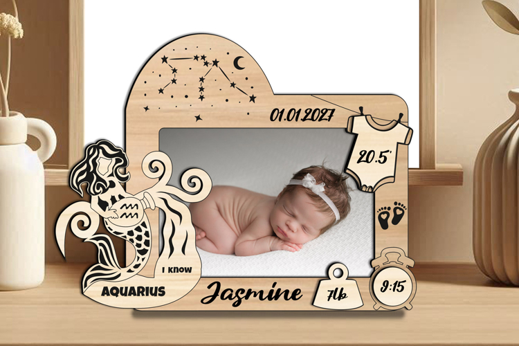 Laser SVG Aquarius Zodiac Baby Photo Frame Present Newborn