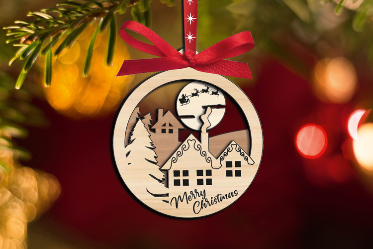 Merry Christmas Ornament Santa Claus Winter House SVG Laser