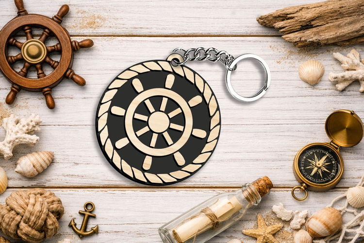 Ship Steering Wheel Ocean Keychain Gift SVG Laser Present example image 1