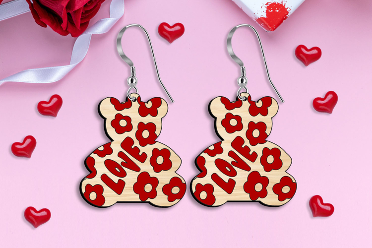 SVG Bear Love Valentine Earrings Flowers Laser Romantic Gift