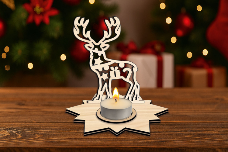 SVG Laser Cut Christmas Deer Candle Holder Star Design Gift