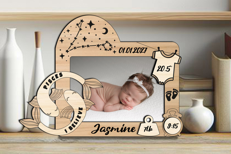 SVG Pisces Baby Photo Frame Zodiac Present Newborn Pic Laser