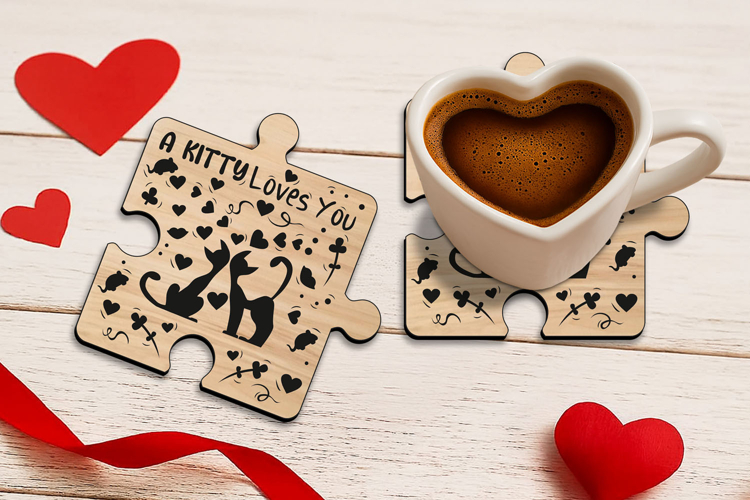SVG Puzzle Kitty Loves You Coaster Valentine Day Laser Gift