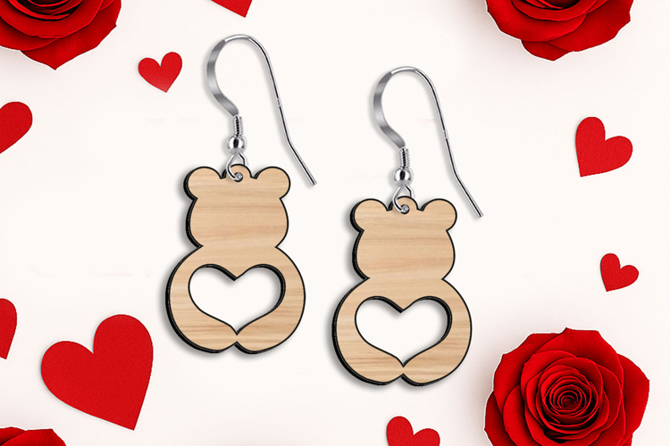 SVG Valentine Bear Heart Earrings Laser Love gift Romantic