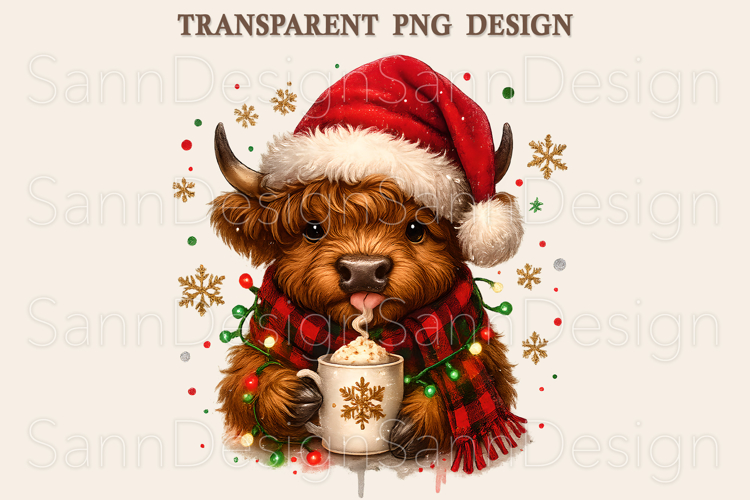 Cute Christmas Highland Cow PNG, Holiday Sublimation PNG