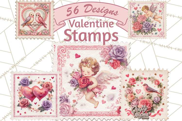 Vintage Valentine Postage Stamps, Cherubs, Hearts, Roses PNG