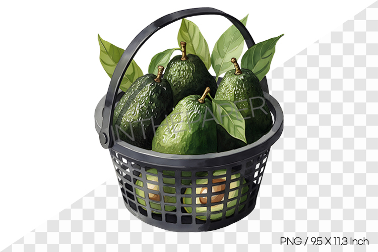 Watercolor illustration of avocados in a plastic basket PNG