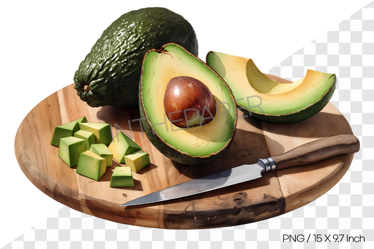Watercolor illustration of avocados on a cutting board PNG
