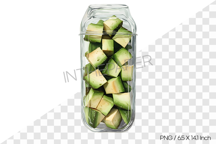 Watercolor illustration of avocados in a container PNG
