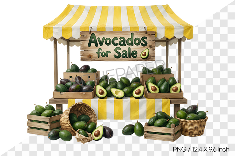 Watercolor illustration of a stall selling avocados PNG