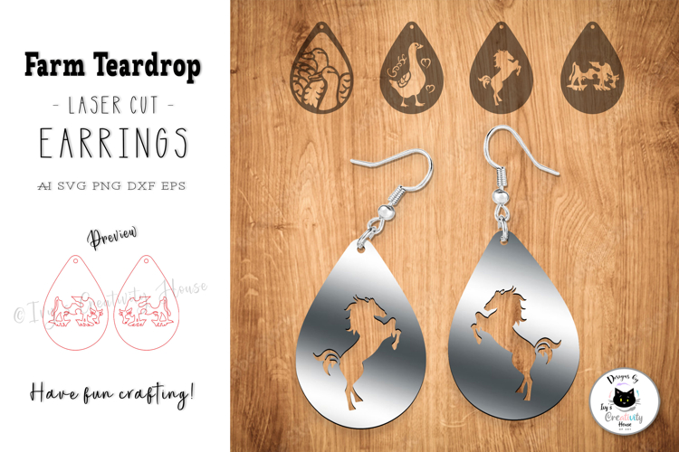 Farm Teardrop Earrings | Animal Laser Cut SVG