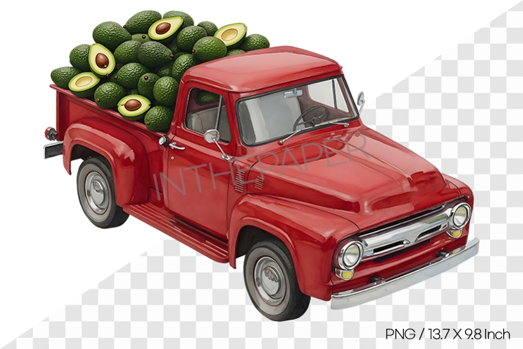 Watercolor illustration of avocado loaded on a red truck PNG