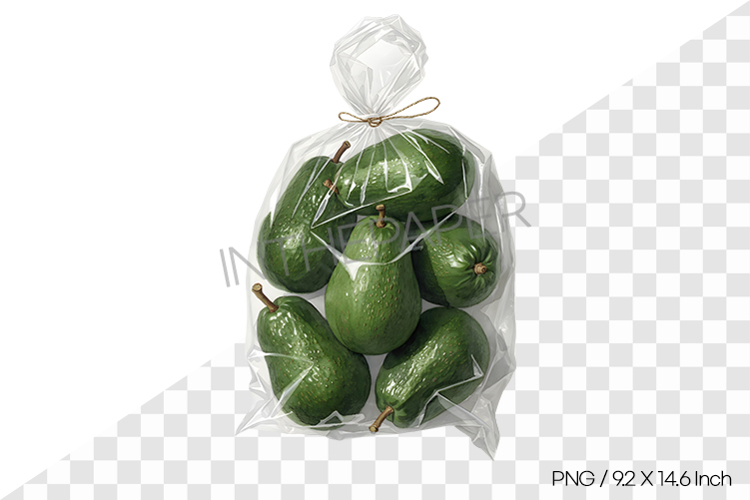 Watercolor illustration of avocados in a plastic bag PNG