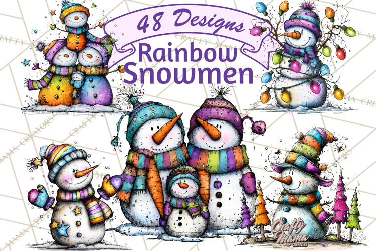 Whimsical Rainbow Snowmen PNG Clipart, Colorful Christmas