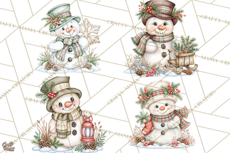 Winter Magic Vintage Watercolor Snowman Clipart example image 1