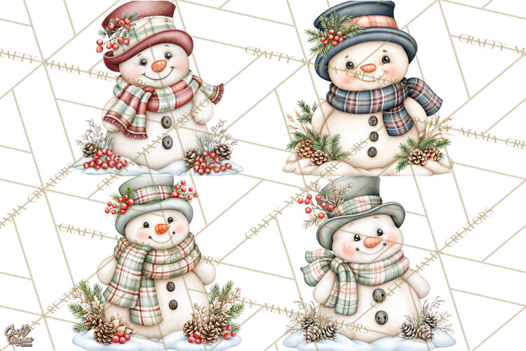 Winter Magic Vintage Watercolor Snowman Clipart example image 1