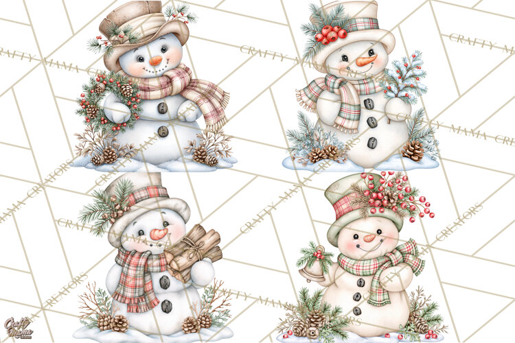 Winter Magic Vintage Watercolor Snowman Clipart example image 1