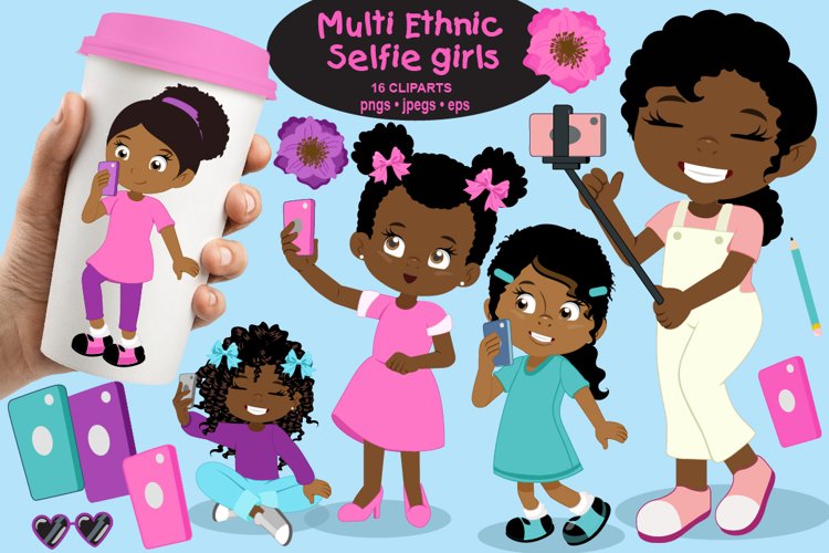 African American Selfie girls with cell phones