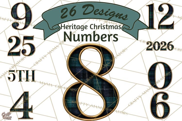 Heritage Christmas Numbers PNG Vintage Tartan Digits Clipart example image 1