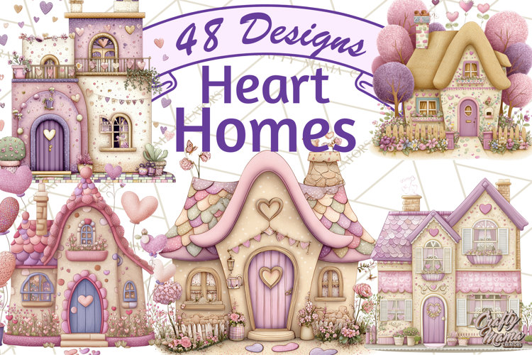 Heart Homes Valentine Clipart, Cozy Cottage PNG