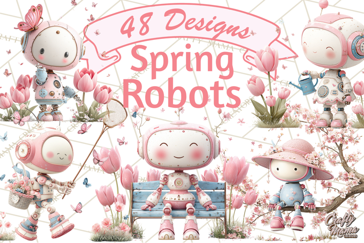Spring Robots, Full-Body Robot Clipart, Pastel Robot Png