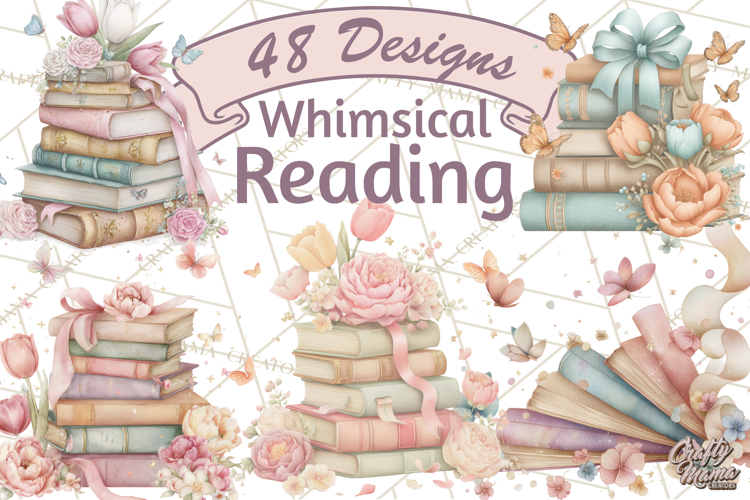 Whimsical Spring Books Clipart, Flowers and Butterflies PNG