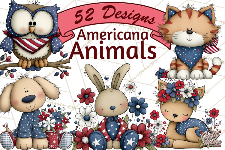 Patriotic Animals Clipart, Whimsical Red White Blue American