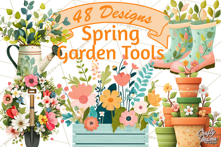 Spring Garden Tools and Floral Gardening Clipart PNG