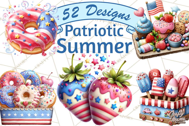 Patriotic Summer Treats Clipart, Red White Blue Whimsical