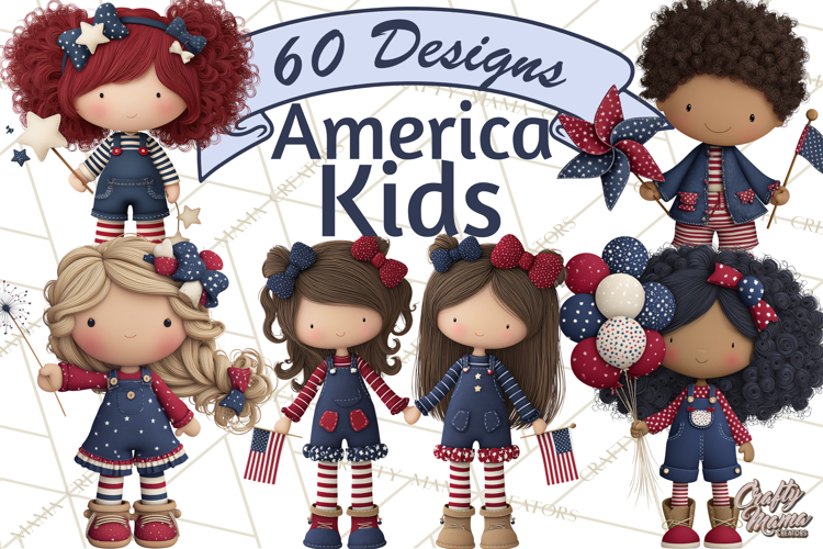 Patriotic Kids Clipart for 4th of July, USA Children PNG