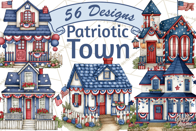 Patriotic Town Clipart, 4th of July Houses and Shops Png