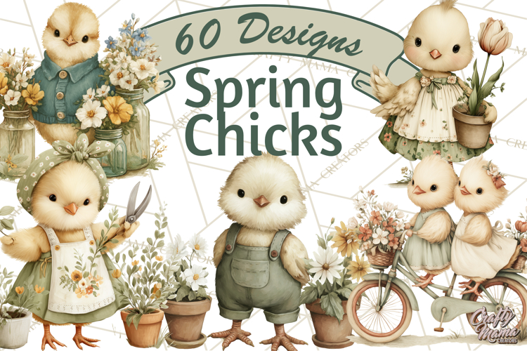 Vintage Spring Chicks Clipart, Cute Baby Chick Gardening