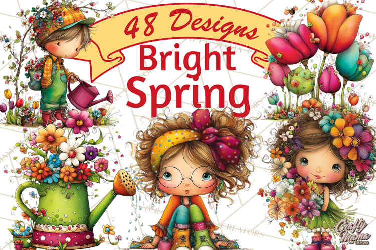 Spring Clipart PNG, Bright Spring Flowers, Kids and Cottage
