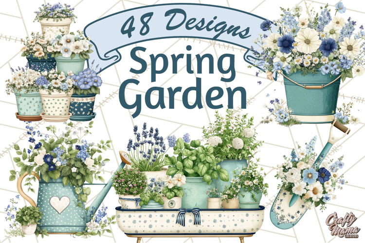 Spring Garden Clipart, Watering Cans, Flower Pots, Gardening
