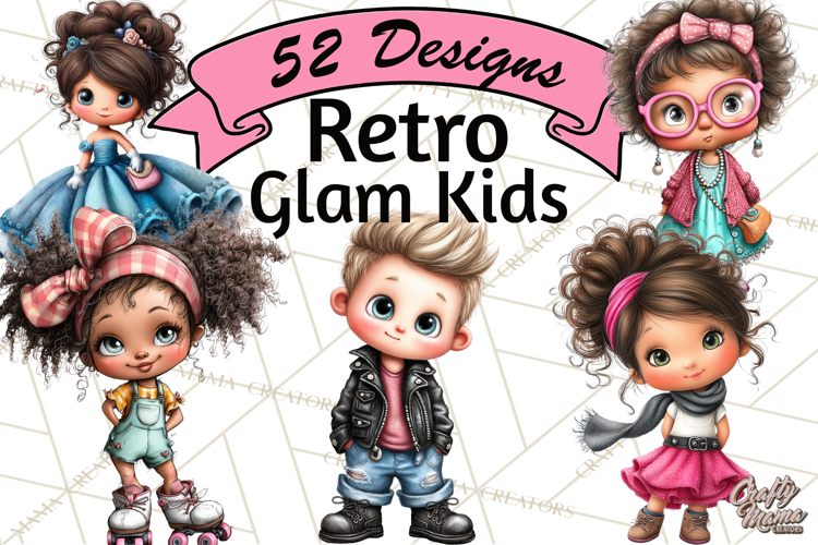 Retro Glam Kids Clipart PNG, Vintage Inspired Mini World