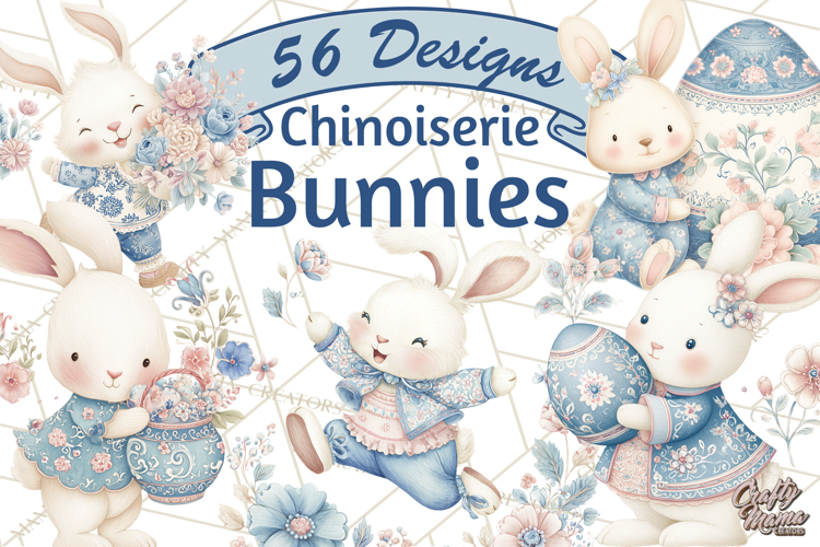 Chinoiserie Easter Clipart, Cute Elegant Bunny Easter Png