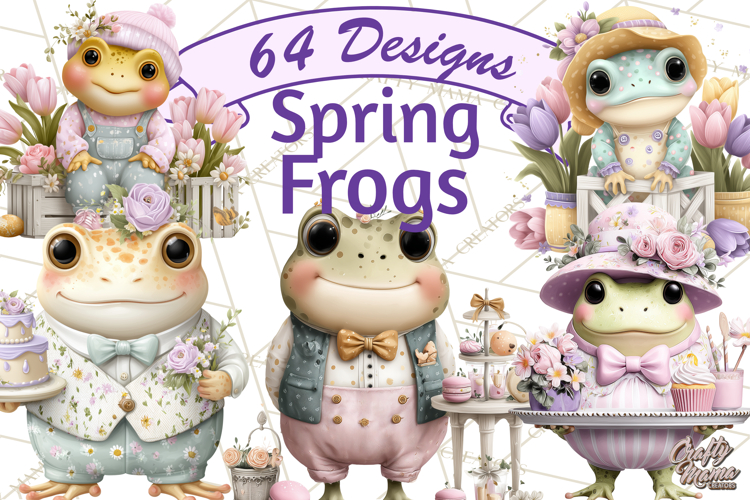 Easter Frogs in Fancy Fits, Cute Spring Clipart Png