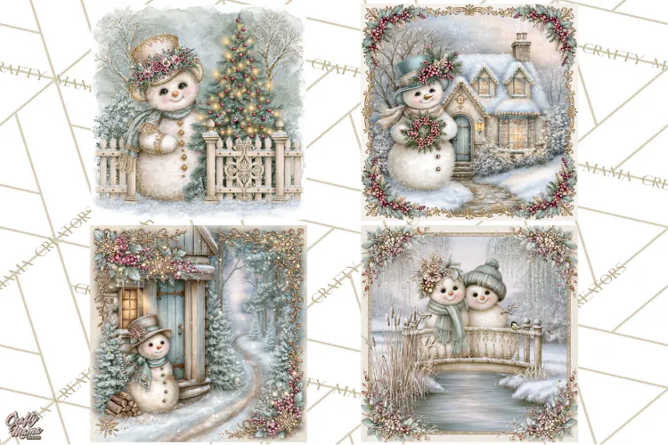 Snowfall Stories Watercolor Snowman PNG Signs, Snowman Scene