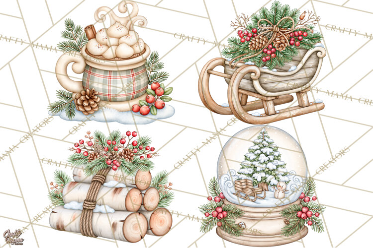 Winter Magic Vintage Christmas Elements Clipart example image 1