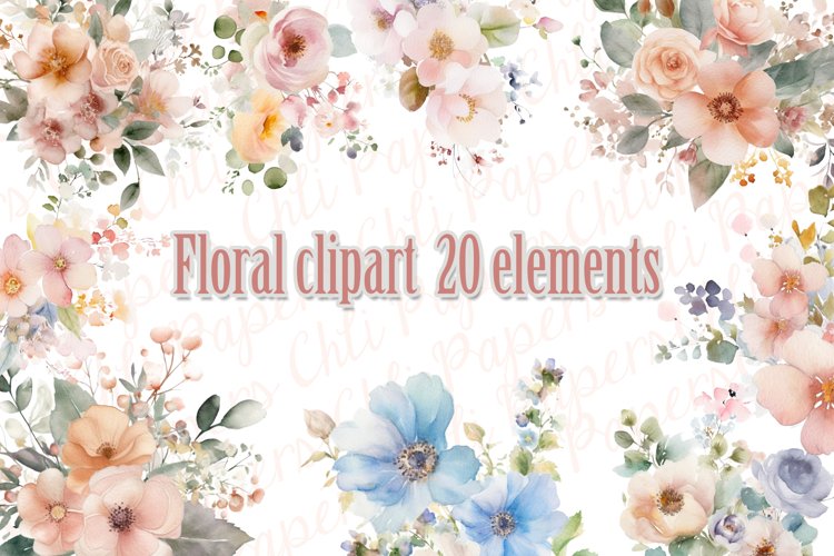 Watercolor Flowers clipart,Floral clipart,Pastel Flowers PNG example image 1