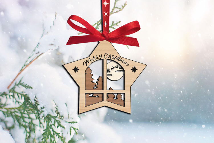 SVG Merry Christmas Star Ornament Holiday Scene Laser Decor