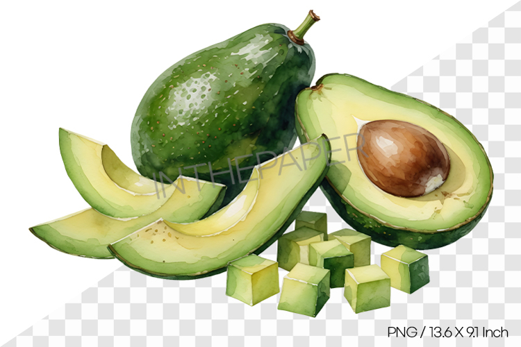 Watercolor illustration of avocados cut into various shapes