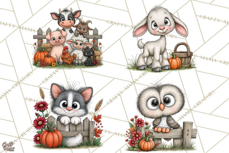Halloween Farmhouse Animals Clipart, Farm Animal Clipart