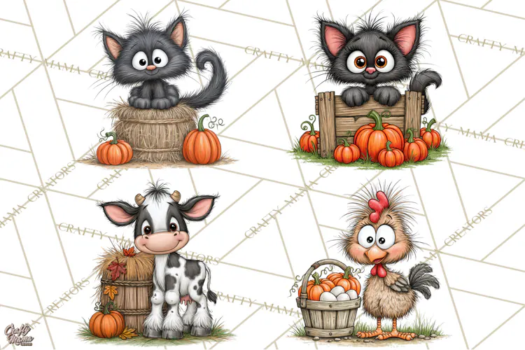 Halloween Farmhouse Animals Clipart, Farm Animal Clipart