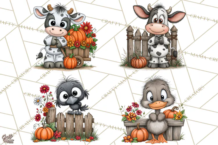 Halloween Farmhouse Animals Clipart, Farm Animal Clipart
