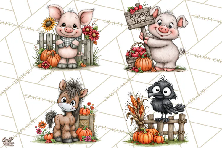 Halloween Farmhouse Animals Clipart, Farm Animal Clipart