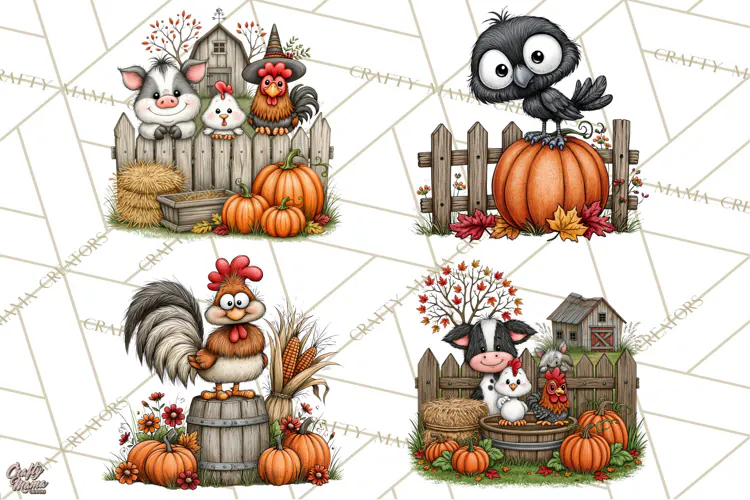 Halloween Farmhouse Animals Clipart, Farm Animal Clipart