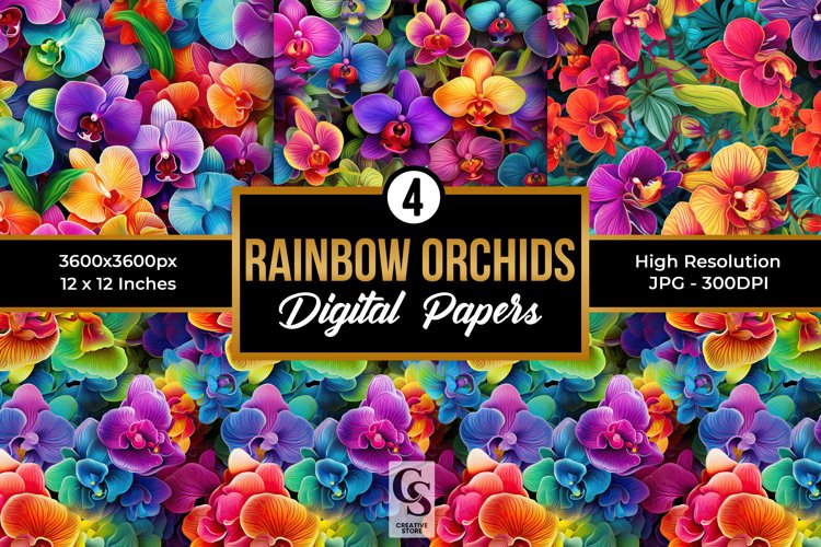 Rainbow Orchid Flowers Pattern Digital Papers example image 1