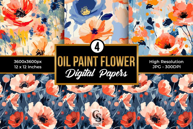 Oil Paint Flowers Pattern Digital Papers example image 1